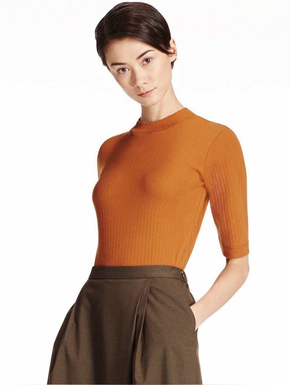 uniqlo ribbed mid sleeve shirt in burnt orange